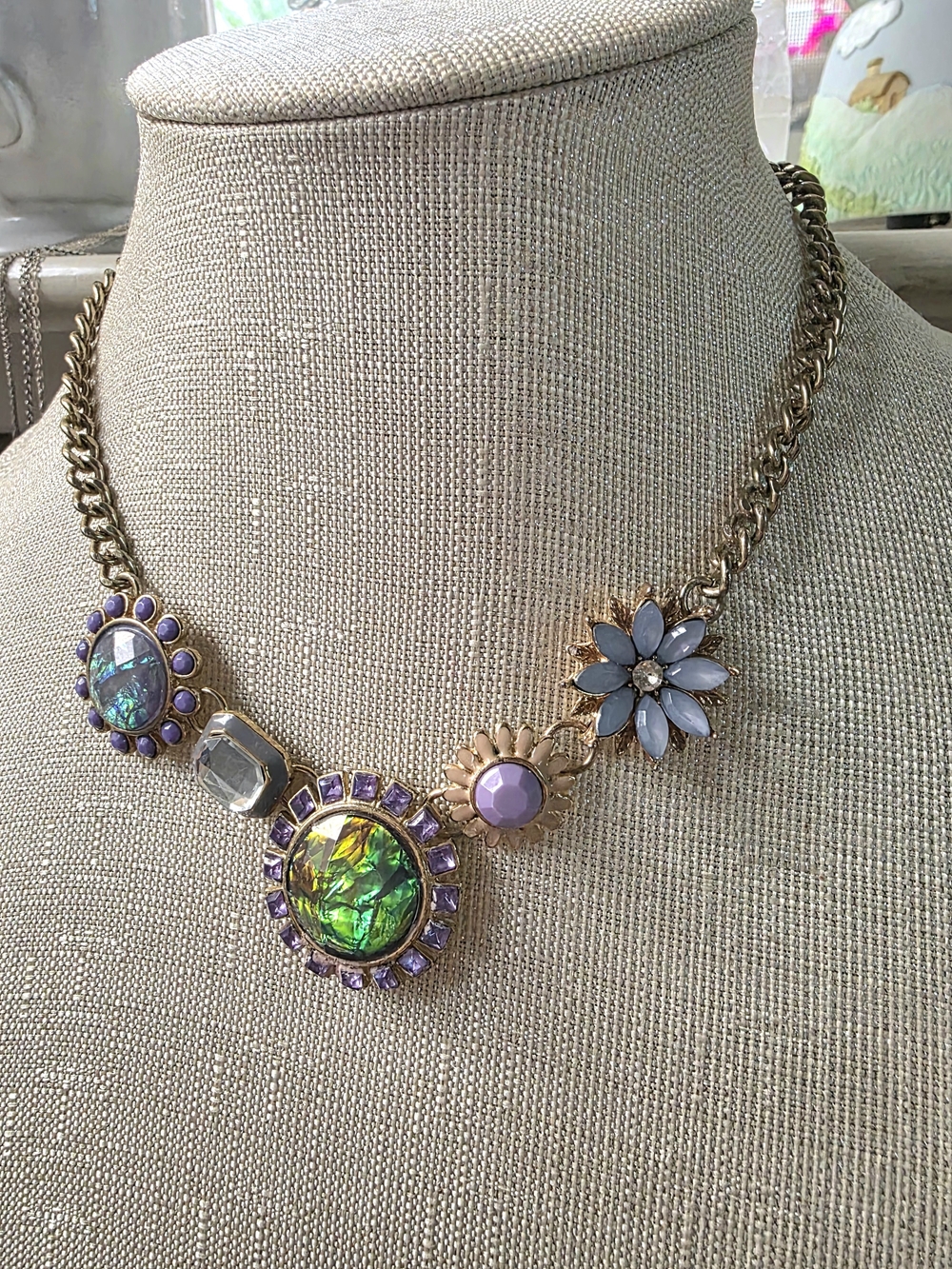 Gold-Tone Multi-Stone Purple Floral Statement Necklace - Picture 3 of 5
